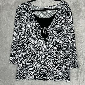 Stephen and Casey 2X Shirt Top Black Floral 3/4 Sleeve Scoop Neck Stretch Womens